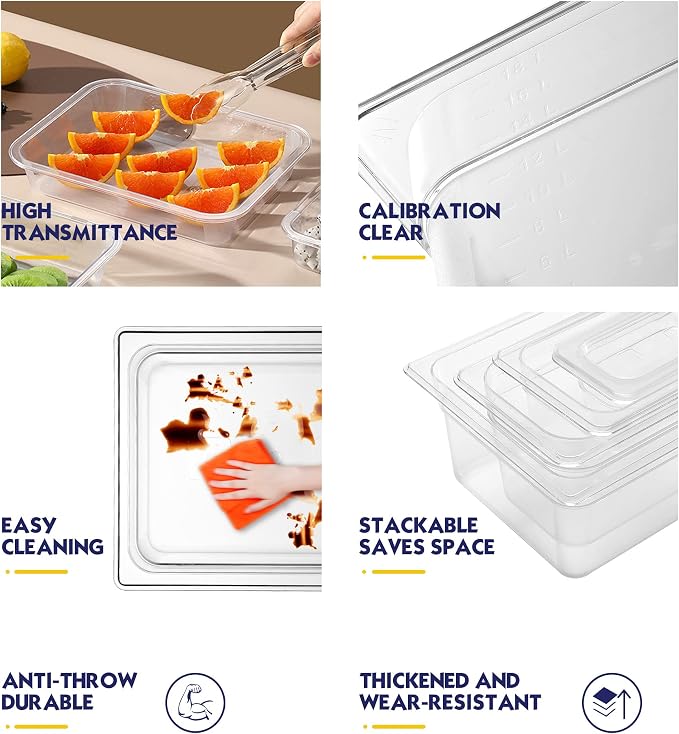 BIEAMA 6 Pack 1/3 Size 6" Deep NSF Polycarbonate Food Pans with Lids | Stackable clear containers for meal prep, buffet, salad bars, commercial & home kitchen; dishwasher safe and freezer safe - Image 6