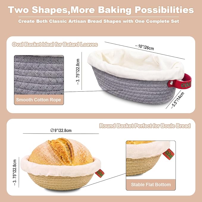 Cotton Rope Banneton Bread Proofing Basket with Beeswax Bag Set | 9''Round & 10''Oval, Washable Liners & Covers, for Artisan Bread Baking, for Sourdough Proofing, for Baking Gifts - Image 3
