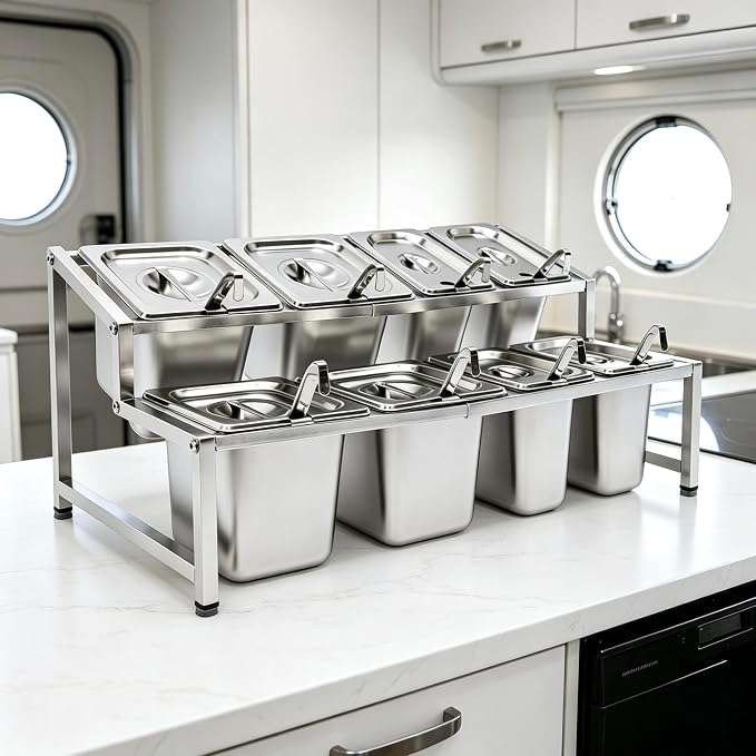 Telescoping Pizza Topping Station Condiment Container Food Prep Holder | 8 Pans & Spoons, Stainless Steel Container Set Ingredients Holder Spice Rack for Kitchen Buffet Pizza Oven Accessories - Image 7