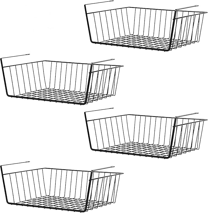 Neala Under Shelf Basket 4 Pack Hanging Under Shelf Storage Organizer Black Metal Wire Grid Under Table Shelf Storage Basket Rack for Pantry Cabinet Desk Bookshelf Office Closet - Image 3