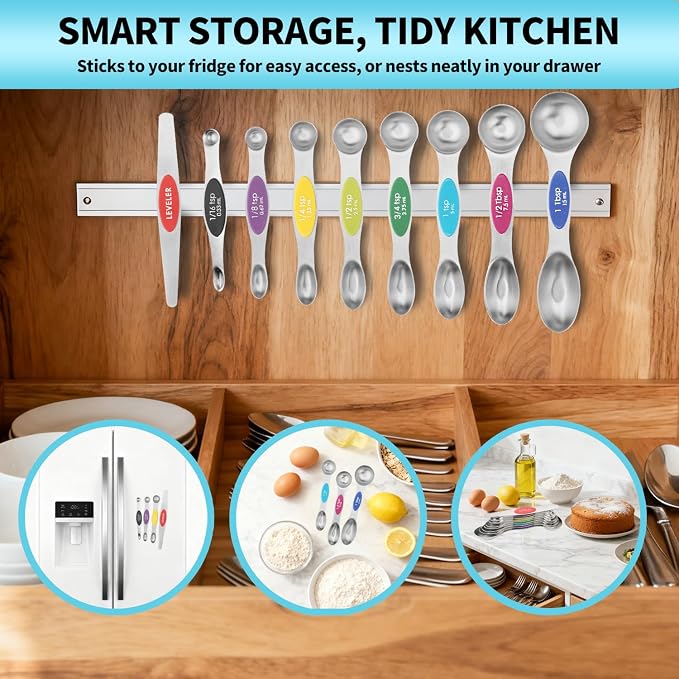 Magnetic Measuring Cups and Spoons Set of 16, 7 Stainless Steel Measuring Cups, 8 Double-Sided Measuring Spoons with 1 Leveler, Color Coded Handles, Dual Markings for Dry and Liquid Ingredients - Image 9