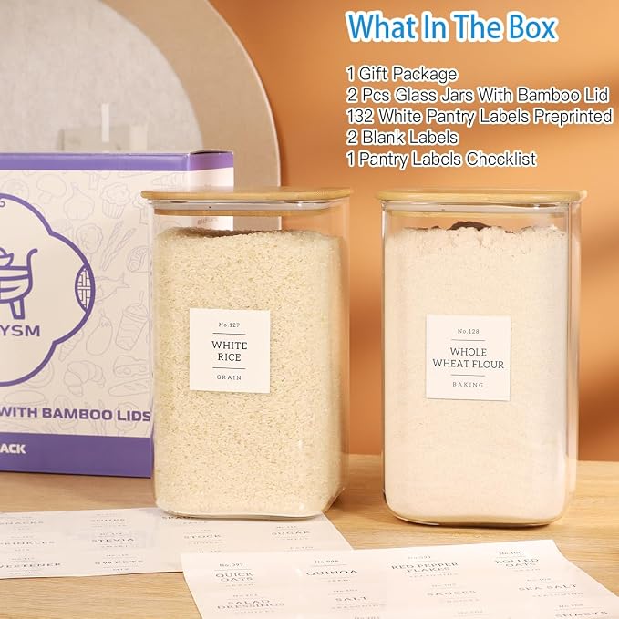 2 Pack large Square Glass Flour and Sugar Containers with 132 Kitchen Pantry Labels - Thicken 149 floz Glass Storage Jars with Airtight Bamboo Lid - Big Rice Canisters for Coffee, Pasta, Cereal - Image 2