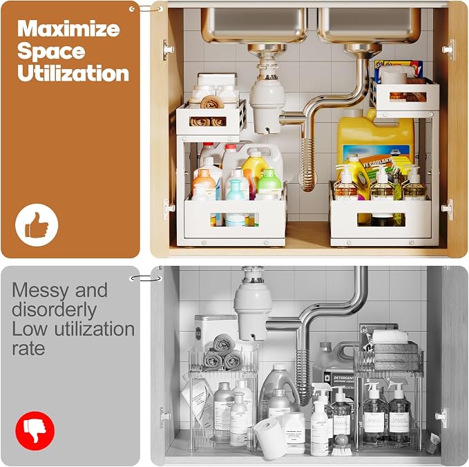 2-Pack 17"Deep Under Sink Organizer And Storage, 2-Tier L-Shaped Pull Out Cabinet Organizer with Upgraded Slide Rails, Height Adjustable Drawers for Kitchen&Bathroom, Extra-Large Storage Shelves–Gray - Image 8