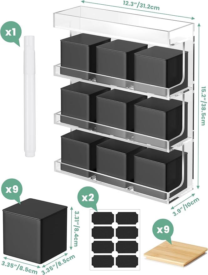 NiHome Tea Organizer Rack with 9 Airtight Canisters, Loose Leaf Storage | Dual Lids in Bamboo or Metal, Top Tray for Bags, Spices & Coffee, Labels & Marker Included for Kitchen Counter Display - Image 4