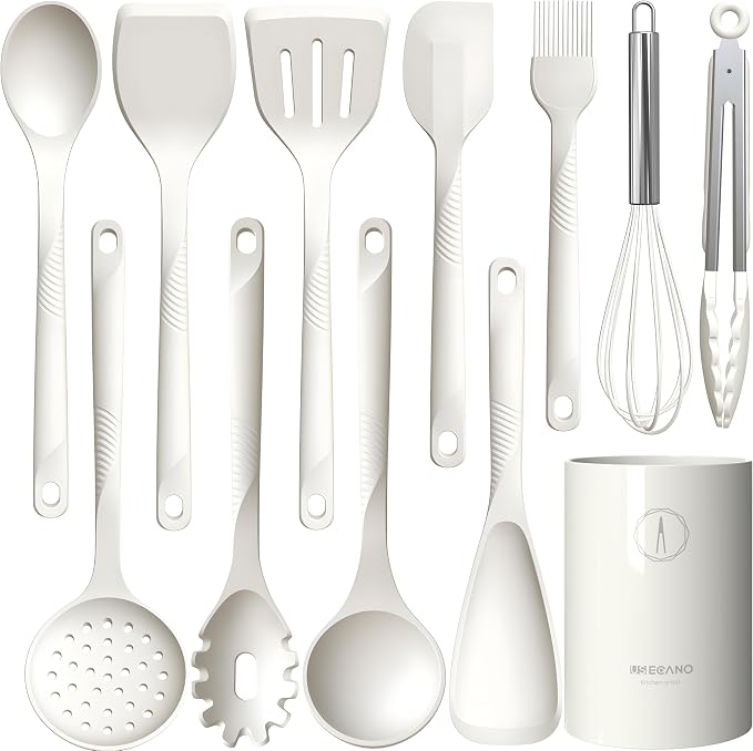 Silicone Cooking Utensils Set - 600°F Heat Resistant, Nonstick Kitchen Utensil Set with Spatulas, Spoons, Whisk, Tongs, BPA Free, Dishwasher Safe, Cream White by Unknown