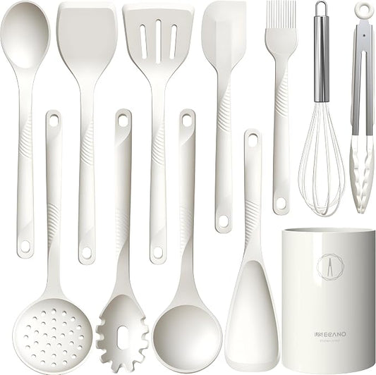 Silicone Cooking Utensils Set - 600°F Heat Resistant, Nonstick Kitchen Utensil Set with Spatulas, Spoons, Whisk, Tongs, BPA Free, Dishwasher Safe, Cream White by Unknown