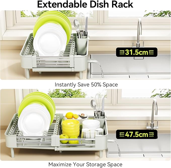 Urackify Extendable Stainless Dish Drying Rack for Kitchen Counter | 13.78"W x 18.7"L, Foldable Drainboard for Space Saving, Knife and Utensil Holder, Fast-draining Spout, Soft Celery Green - Image 4