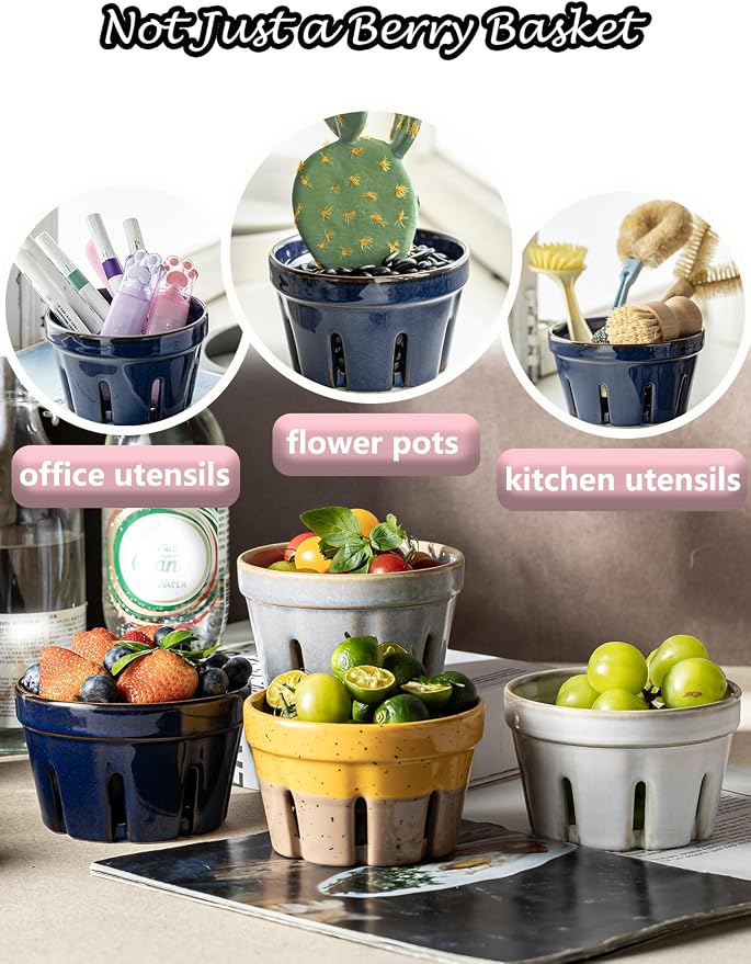 Gomakren Ceramic Berry Bowls with Holes Set of 2 for Fridge, Cobalt Blue | Drain holes keep fruits fresh, stackable, wash & serve, round strawberry basket for fridge kitchen counter, lovely home gift - Image 7