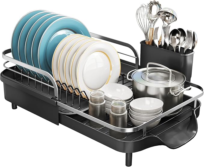 SNTD Expandable Dish Drying Rack for Kitchen Counter, 15.2-22.1 in, Black | Rust-Resistant Stainless Steel, Protective Side Rails, Self-Draining Drainboard, Removable Utensil Holder - Image 8
