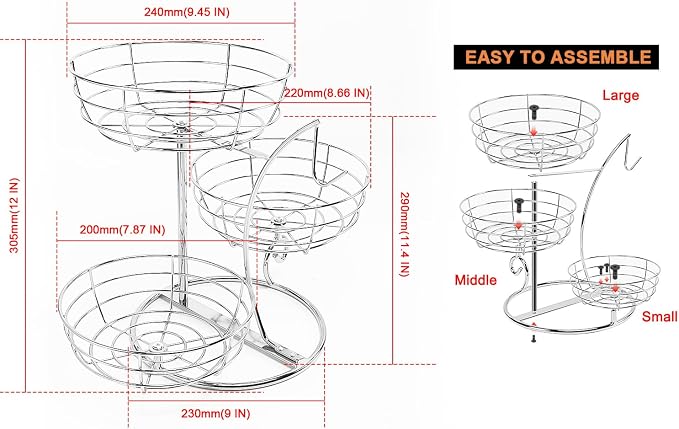 Livabber Fruit Basket Bowl with Banana Hanger, Fruit Vegetable Storage Basket with Banana Tree Holder for Kitchen Counter, Detachable Organizer for Bread Snack Produce (Chrome, 3-Tier Metal Base) - Image 2