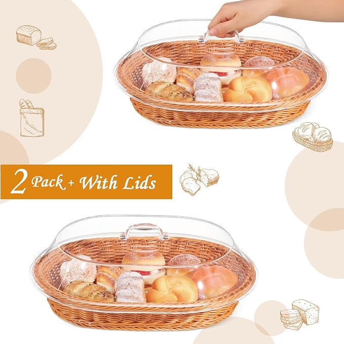 Hushee 2 Set Imitation Rattan Bread Basket with Lid Wicker Bread Baskets for Serving Woven Fruit Basket with Cover Oval Food Baskets for Food Vegetables Display(15.75 x 11.81 Inch) - Image 3