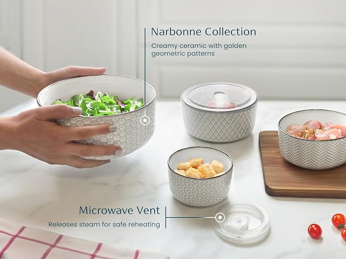 KooK Serving Bowls, with Lids, Ceramic Nesting Bowls, Set of 4, Embossed, Kitchen, Prep, Stackable, Gift, Microwave and Dishwasher Safe, 10/16/29/47 oz, Narbonne Collection (Ivory) - Image 3
