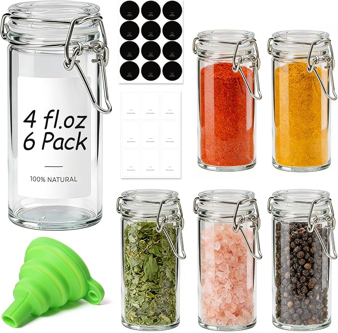 ComSaf Small Glass Spice Jars with Airtight Lids 4 oz 6 Pack with Labels | Seasoning herbs powders, Salt pepper chili, Spice rack cabinet organization, Small size, Funnel included, Party favors by ComSaf