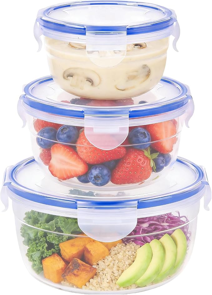 KIGI Food Storage Container, Round, Set of 3 (1.25-4.3 Cup) | Leak-Proof Plastic Bowls with 4-Sided Locking Airtight Lids for Lunch, Meal Prep, Fruit and Salad, BPA free by KIGI