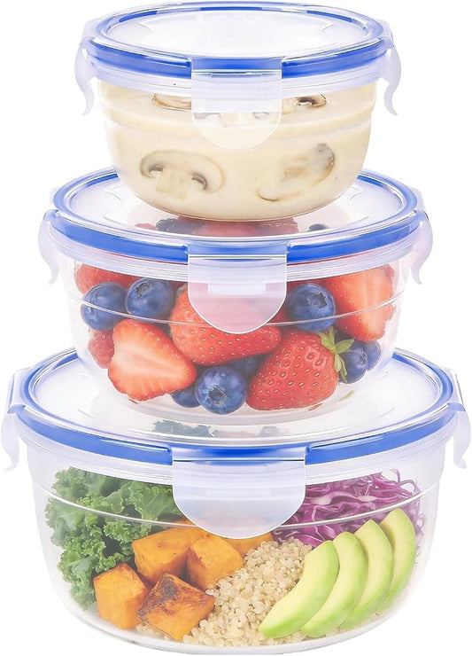 KIGI Food Storage Container, Round, Set of 3 (1.25-4.3 Cup) | Leak-Proof Plastic Bowls with 4-Sided Locking Airtight Lids for Lunch, Meal Prep, Fruit and Salad, BPA free by KIGI