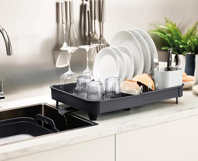 Joseph Joseph Extendable Dish Drying Rack with Expanding Dual Parts, Non-Scratch, Movable Silverware Drainer & Drainage Spout, Grey - Image 4