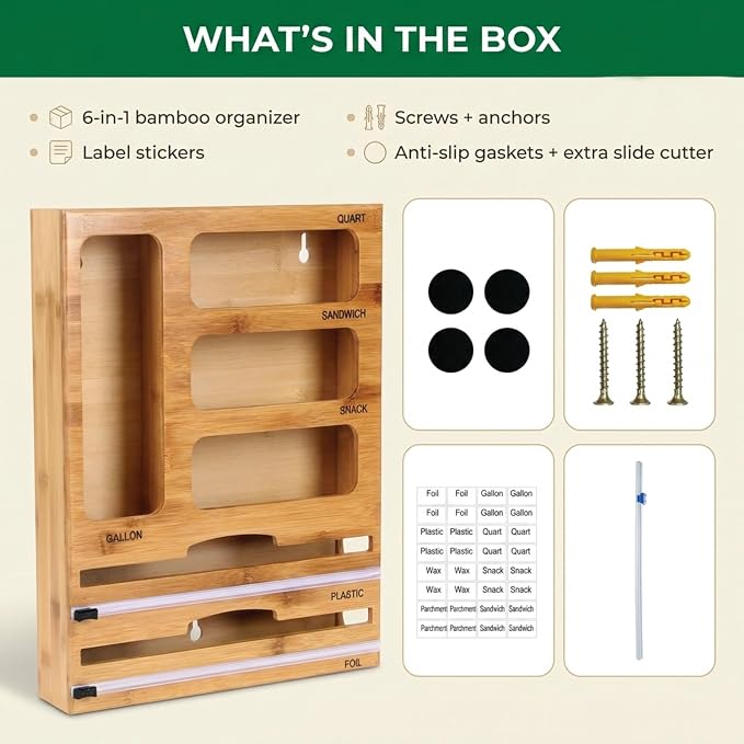 Bag Storage Organizer for Kitchen Drawer and Plastic Wrap Dispenser with Cutter, 6 In 1 Large Capacity Bamboo Foil and Plastic Bag Food Baggie Organizer for Snack, Sandwich, Gallon, Quart - Image 5
