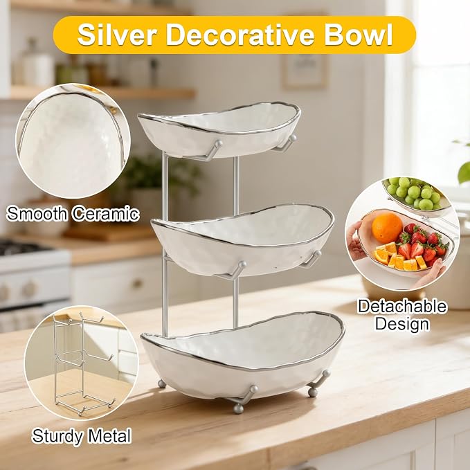 Fruit Bowl, 3-Tier Ceramic Fruit Bowl With Gold Metal Stand, Space Saving | Large Capacity, Decorative Design, Suitable For Kitchen, Dining Table, Party Display - Image 3