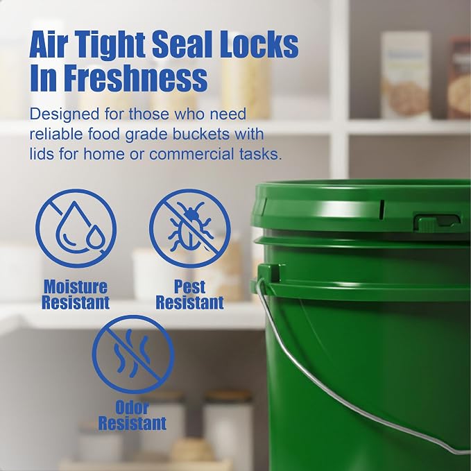 5 Gallon Bucket - Food Grade w/Lid BPA-Free, 3 Pack - Green | Airtight Gasketed Tear Strip Lid, Heavy-Duty 90 Mil HDPE Plastic Pail, Bulk Storage, Food Safe Durable Container, Made in USA - Image 5