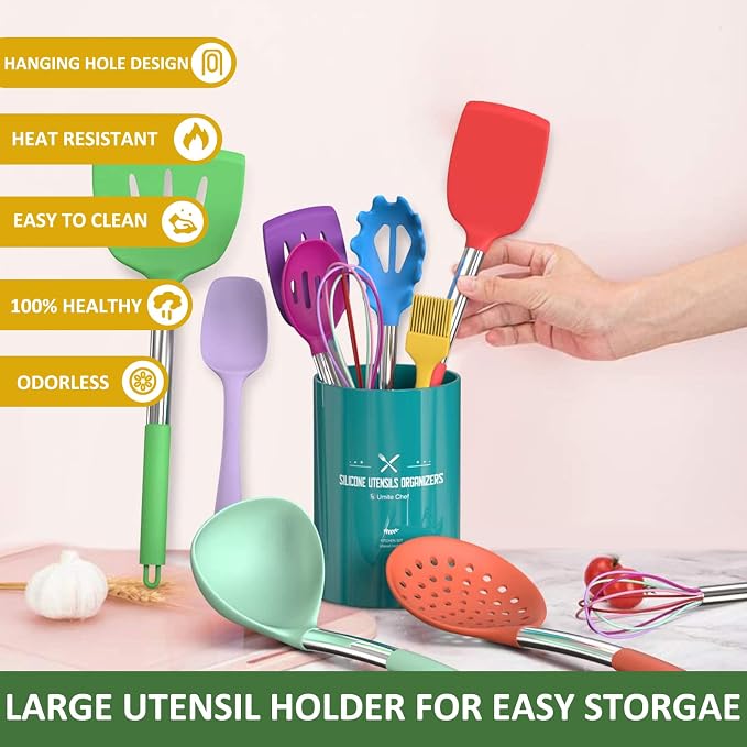 Umite Chef Kitchen Utensils Set, 15 pcs Silicone Cooking Kitchen Utensils Set, Non-stick Silicone Stainless Steel Handle Turner Spatula Spoon Tongs Whisk Cookware - Colorful - Image 6