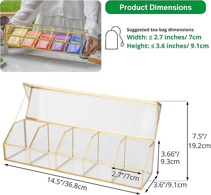 NCYP Glass Tea Bags Organizer with 5 Grids Compartments, Indoor Counter Top Brass Display Case with Lid, Storage Box, Gold, Decor, Teabag Storage, 14.5 x 3.6 x 3.66 Inches (Glass Box Only) - Image 4