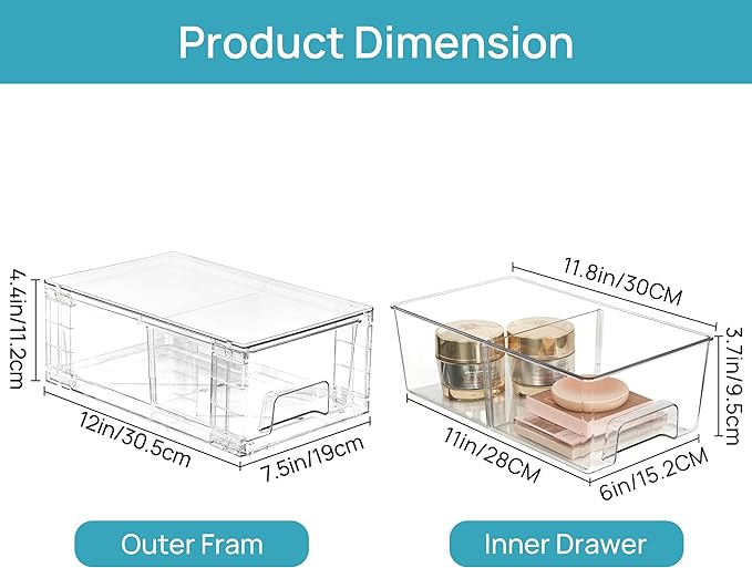 Vtopmart 2 Pack Stackable Clear Drawer with Dividers | Clear Drawer Organizers with Removable Dividers for Flexible storage. Stackable, Non-slip, for Fridge, Under Sink & Bthroom - Image 3