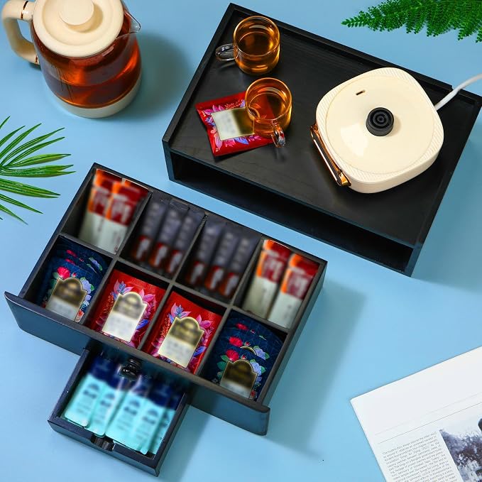 Cinnvoice Tea Bag Organizer Wood Tea Organizer Storage Box 8 Compartments Container Holder with Lid to Storage and Keep Fresh(Black) - Image 4