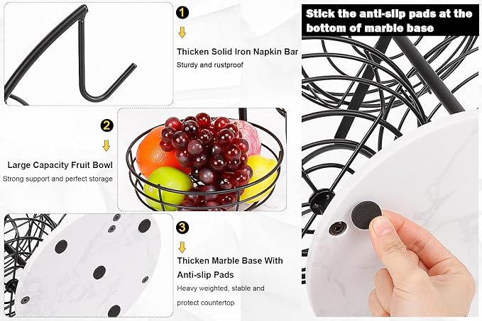 Livabber Fruit Basket Bowl with Banana Hanger, Metal Fruit Vegetable Storage Basket with Banana Holder for Kitchen Counter, Detachable Organizer for Bread Snack Produce (Black, 3-Tier Marble Base) - Image 3