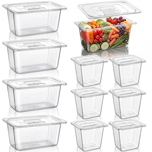 Sliner 10 Pack Plastic Clear Food Pans with Lids, Stackable and Freezer Safe Commercial Food Storage Containers for Fridge Salad Polycarbonate (6" 1/3+1/6 Set) by Sliner