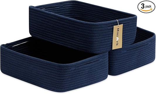 MiniArk Large Shallow Organizing Baskets 15x11x5.1 Inches - Rope Woven Storage Bins for Bathroom, Shelves, Cube Closet, Navy Blue 3 Packs by MiniArkStorageBasketsHome