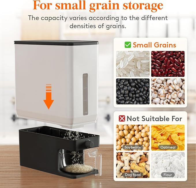 Lifewit Rice Dispenser 25 Lbs, Airtight Storage with Cup, 2 Pack Black | BPA-Free 11.3kg Capacity Storage Container for Beans, Corn & Other Small Grains, One-Press Dispensing Bin for Kitchen Pantry - Image 5