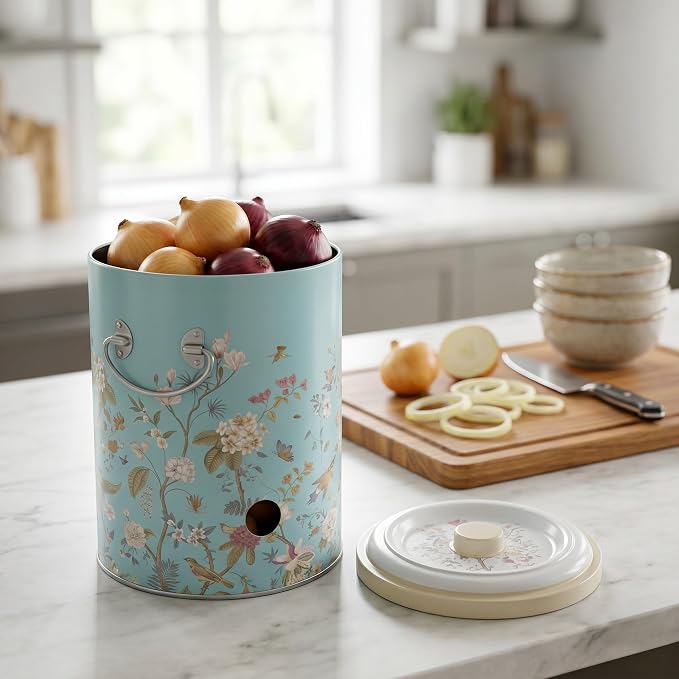 MARIA ROMA Metal Potato and Onion Storage Bin Set of 3 with Garlic Keeper - Vintage Metal Kitchen Canisters, Vegetable Storage Containers - Farmhouse Rustic Pantry Organization - Image 7