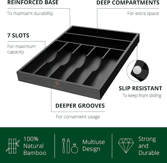 ROYAL CRAFT WOOD Luxury Bamboo Kitchen Drawer Organizer - Silverware Organizer - Utensil Holder and Cutlery Tray with Grooved Drawer Dividers for Flatware and Kitchen Utensils (7 Slot, Black) - Image 2