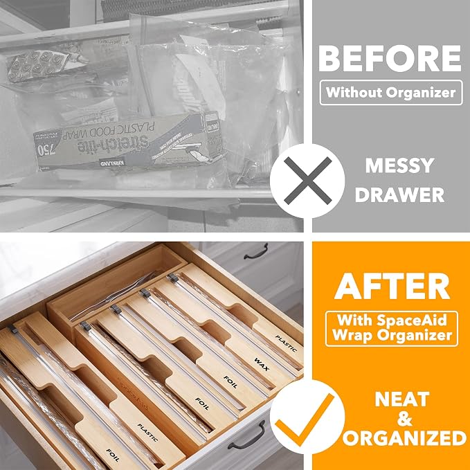 SpaceAid Bag Storage Organizer for Kitchen Drawer, Bamboo Organizer, (4 Pack) SpaceAid WrapNeat 4 in 1 Wrap Dispenser - Image 3