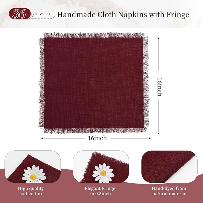 36 Pack Burgundy Napkins Cotton Linen Napkin 16 x 16 Inch Burgundy Napkins Cloth Handmade with Fringe Soft Washable Rustic Dinner Napkin Cloths for Wedding Party Dinner Table - Image 2