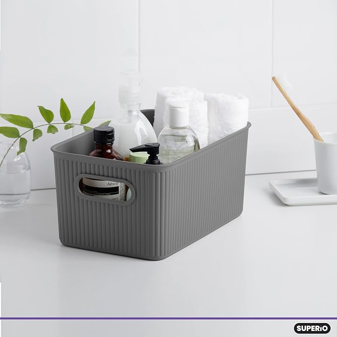 Superio Ribbed Collection - Decorative Plastic Basket Open Home Storage Bins Organizer, Grey (Set of 3) 1 Medium, 2 Small - Container Boxes for Organizing Closet Storage Bins for Shelves Drawer Shelf - Image 3