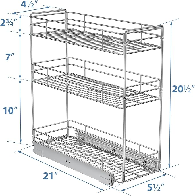 ROOMTEC 3-Tier Pull Out Cabinet Organizer for Narrow Cabinet (5.5" W X 20.5" D), Kitchen Cabinet Organizer and Storage Cabinet Pull Out Shelves Under Cabinet Storage for Kitchen, Chrome - Image 3