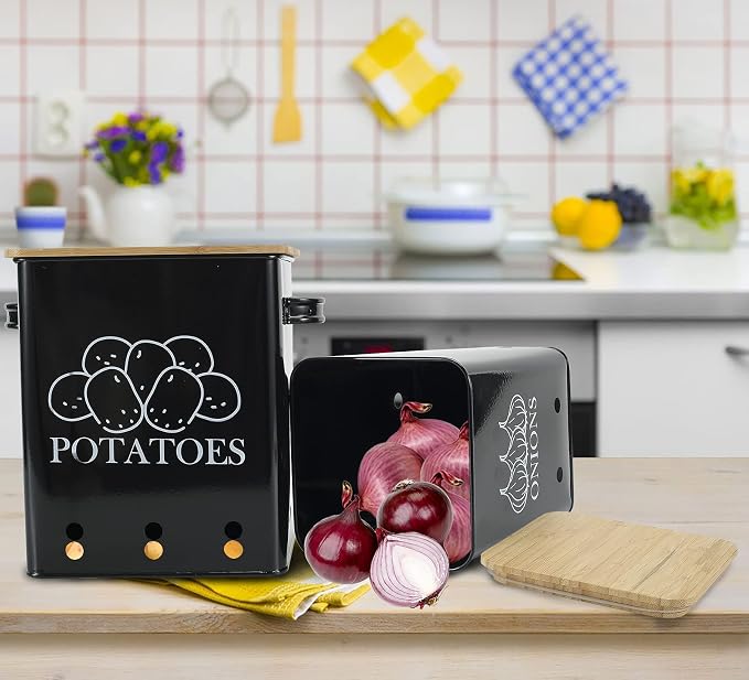 Kitchen Vegetable Storage Tins Set of 2, Onion and Potato Storage Bins with Wooden Lid and Aerating Holes, Garlic Bin Caddy, Vintage Kitchen Decor, Black - Image 4