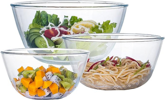 Homwin Glass Mixing Bowl Set for Baking 3-Piece Salad Bowl Set (1qt, 2.5qt, 4.2qt), High Brosilicate Large Bowls for Kitchen Prepping Serving and Storage, Microwave Dishwasher Oven Safe by Homwin