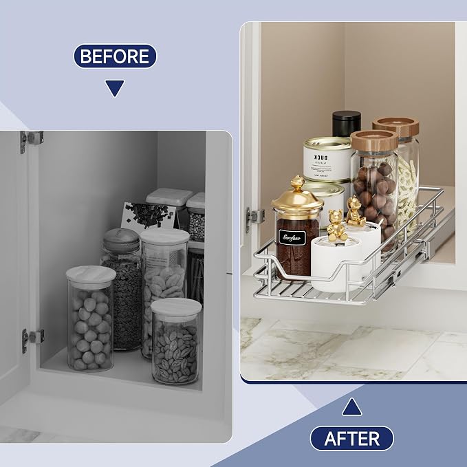 Pull Out Cabinet Organizer, 9" W x 21.5" D, Heavy Duty Chrome Slide Out Shelf for Narrow Base Cabinets, Sliding Wire Basket Drawer for Spices, Bottles, Snacks & Cleaning Supplies - Image 8