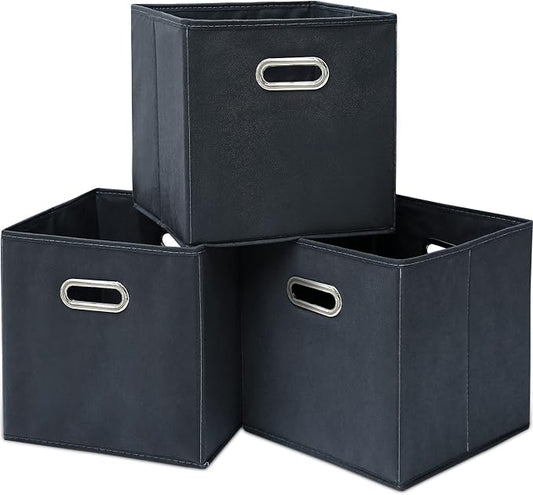 Black Fabric Cubby Storage Bins,13x13x13 Inches ,Cube Organizer Bin Foldable Storage Boxes with Dual Handles Fabric Organizer Box and collapsible Storage basket,Set of 3,Grey by Yunkeeper
