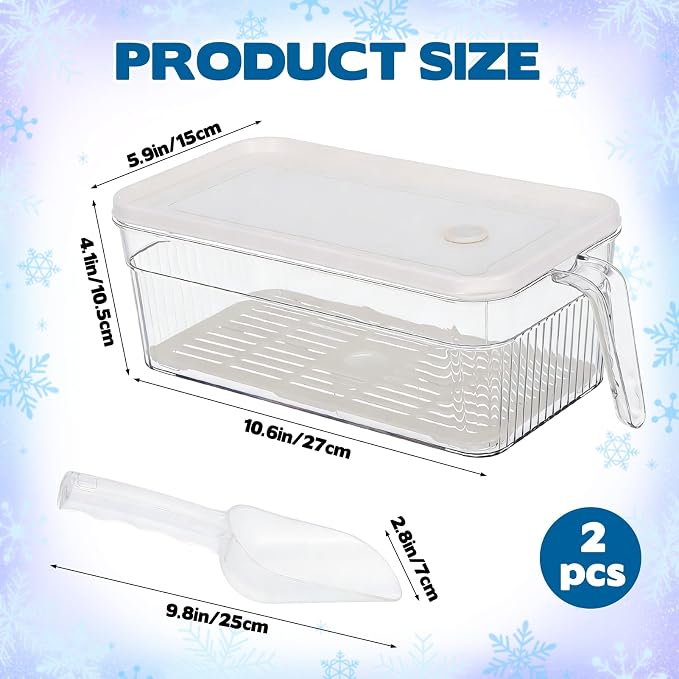 CIEOVO 2 Set Ice Bin for Freezer with Lid and 2 Scoop Set Plastic Freezer Ice Bin with Pull-Out Handle Clear Storage Bucket Kitchen Food Storage Organizer for Home Office Fridge Kitchen - Image 2