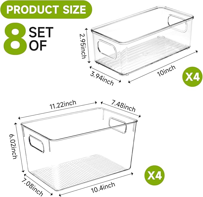 YKIOKE 8 Pack Clear Plastic Storage Bins with Handles, Stackable Organizer | BPA-Free, 4 Large & 4 Small Stackable Organizer Containers for Kitchen Cabinets, Countertops, Drinks, Fruits, Vegetables - Image 2