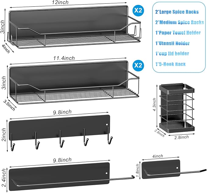 Magnetic Spice Rack for Refrigerator,8 Pack Magnetic Fridge Shelf, Moveable Spice Organizer with Hook Rack, Paper Towel Holder, Utensil Holder,cup lid holder, Super Magnetic Rack Set (Black) - Image 2