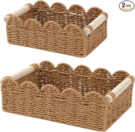 Wicker Storage Baskets, Scalloped Shelf Baskets, 2-Pack | 2 scalloped wicker baskets in large and small sizes; decorative shelf organizers with handles for bathroom and home storage. by Unknown
