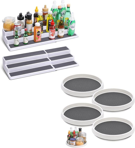 2 Pack 3 Tier Expandable Spice Rack Organizer, Set of 4, 10 Inch Non-Skid Lazy Susan Organizer for Cabinet, Pantry Organization, Kitchen Storage, Bathroom Sink Cabinet, Refrigerator, Spice Rack by CiWiVOKi