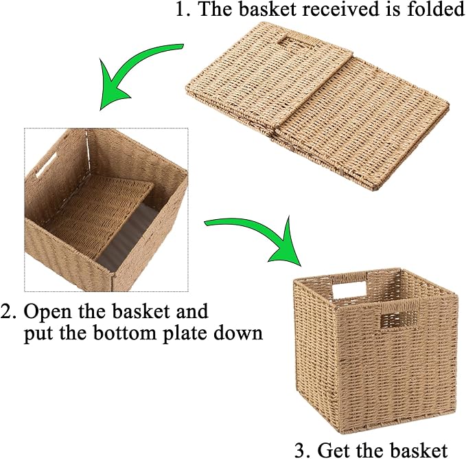 Foldable Storage Cube Bins Set of 4, Paper Woven Square Baskets, Natural, 11" x 11" x 11" - Image 3