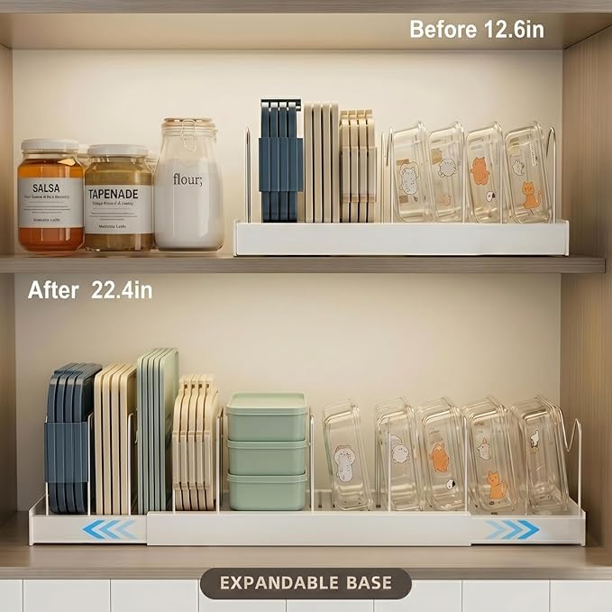 Magheo 2 Pack Expandable Food Storage Container Lid Organizers, 22" Pots and Pans Organizer Under Cabinet with 9 Adjustable Dividers Pot and Pan Lid Holders Rack Inside Cabinet(White) - Image 3