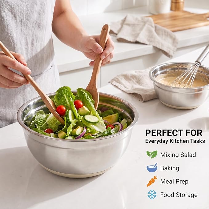 7QT 30PCS Mixing Bowls with Lids Set, 7QT to 1QT Stainless Steel Nesting Bowls with Graters, Non-Slip Silicone Bottom, Large Khaki Bowls & 21 Measuring Cups and Spoons Set Kitchen Appliances - Image 4