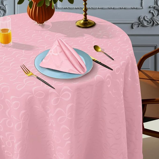 Pink Round Tablecloth, 1PC Circle Table Cover 70" (Seat 4-6) - Cotton Polyester, Wrinkle/Fade Resistant, Washable & Reusable - Luxury Jacquard Table Cloth for Valentine's Day & Wedding, Bows Design by VOOVAMOVAS
